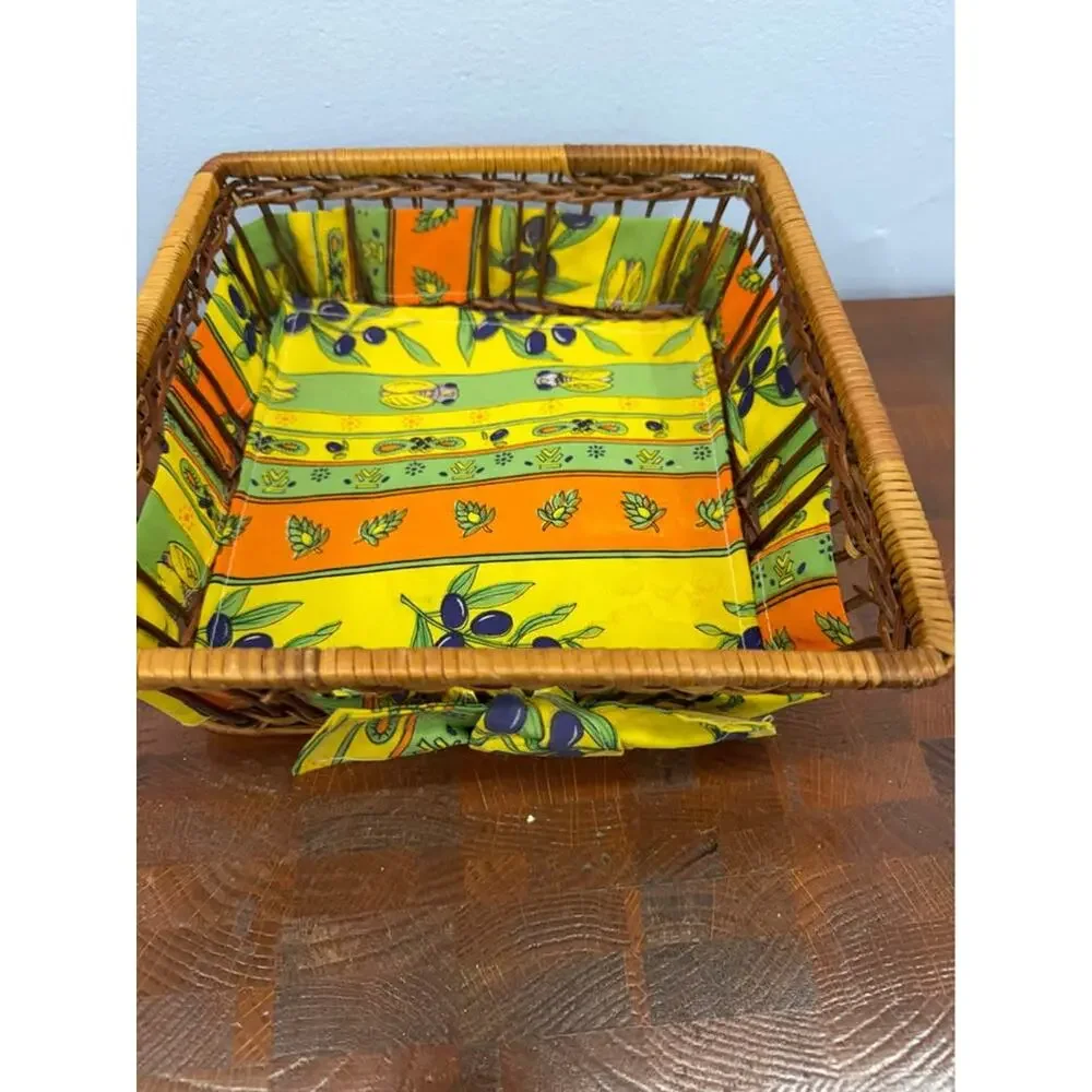 Vintage Woven Wicker Basket Lined with Colorful Fabric with Olive Motif